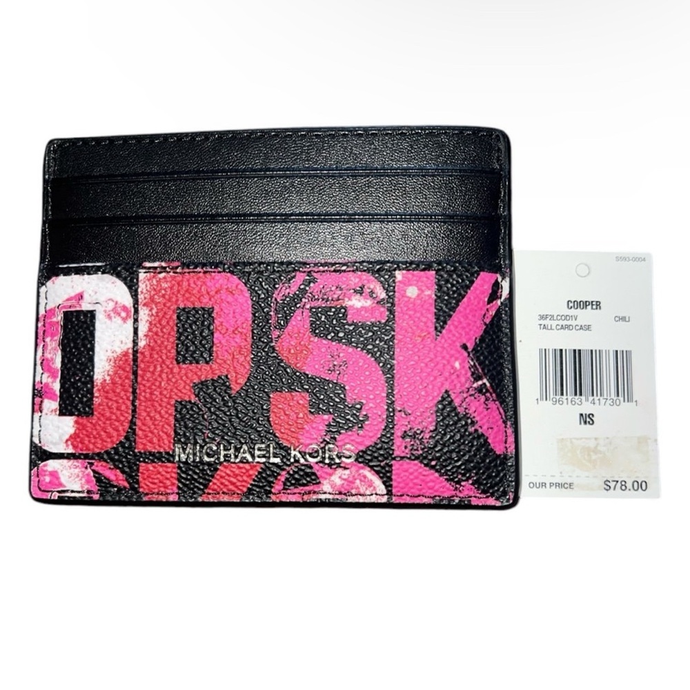 NWT Michael Kors Cooper Graphic Logo Tall Card Case Card Holder Chili Black/Pink